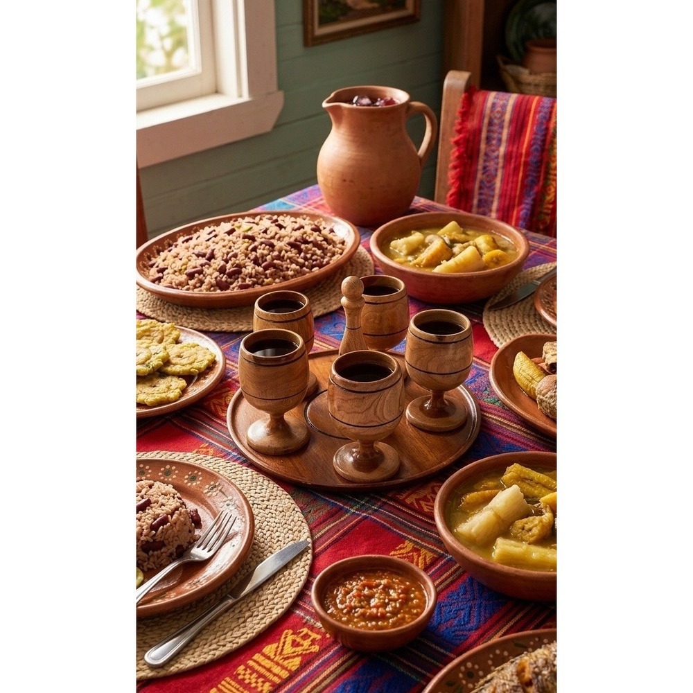 Hand Crafted 5 wood Wine Goblets cups On Round Tray Folk Art Dominican Republic